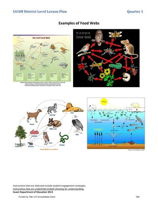 GUAM District Level Lesson Plan Quarter 1
Instructions that are italicized include student engagement strategies.
Instructions that are underlined embed checking for understanding.
Guam Department of Education 2013
Examples of Food Webs
Funded by Title V-A Consolidated Grant 208
 