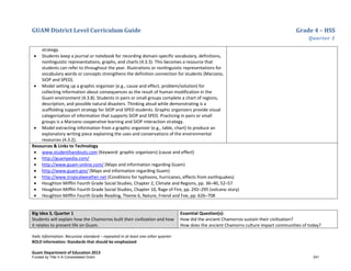 GUAM District Level Curriculum Guide Grade 4 – HSS
Quarter 1
Italic Information: Recursive standard – repeated in at least one other quarter
BOLD information: Standards that should be emphasized
Guam Department of Education 2013
strategy.
• Students keep a journal or notebook for recording domain-specific vocabulary, definitions,
nonlinguistic representations, graphs, and charts (4.3.3). This becomes a resource that
students can refer to throughout the year. Illustrations or nonlinguistic representations for
vocabulary words or concepts strengthens the definition connection for students (Marzano,
SIOP and SPED).
• Model setting up a graphic organizer (e.g., cause and effect, problem/solution) for
collecting information about consequences as the result of human modification in the
Guam environment (4.3.8). Students in pairs or small groups complete a chart of regions,
description, and possible natural disasters. Thinking aloud while demonstrating is a
scaffolding support strategy for SIOP and SPED students. Graphic organizers provide visual
categorization of information that supports SIOP and SPED. Practicing in pairs or small
groups is a Marzano cooperative learning and SIOP interaction strategy.
• Model extracting information from a graphic organizer (e.g., table, chart) to produce an
explanatory writing piece explaining the uses and conservations of the environmental
resources (4.3.2).
Resources & Links to Technology
• www.studenthandouts.com (Keyword: graphic organizers) (cause and effect)
• http://guampedia.com/
• http://www.guam-online.com/ (Maps and information regarding Guam)
• http://www.guam.gov/ (Maps and information regarding Guam)
• http://www.tropicalweather.net (Conditions for typhoons, hurricanes, effects from earthquakes)
• Houghton Mifflin Fourth Grade Social Studies, Chapter 2, Climate and Regions, pp. 36–40, 52–57
• Houghton Mifflin Fourth Grade Social Studies, Chapter 10, Rage of Fire, pp. 292–295 (volcano story)
• Houghton Mifflin Fourth Grade Reading, Theme 6, Nature, Friend and Foe, pp. 626–708
Big Idea 3, Quarter 1
Students will explain how the Chamorros built their civilization and how
it relates to present life on Guam.
Essential Question(s):
How did the ancient Chamorros sustain their civilization?
How does the ancient Chamorro culture impact communities of today?
Funded by Title V-A Consolidated Grant 241
 