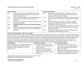 GUAM District Level Curriculum Guide Grade 4 – HSS
Quarter 1
Italic Information: Recursive standard – repeated in at least one other quarter
BOLD information: Standards that should be emphasized
Guam Department of Education 2013
Guam Standards:
4.1.5 Compare the ways of life in various Micronesian island
groups before European exploration and describe the
region in which they lived.
4.2.1 Discuss the difference between historical fact and opinion.
4.2.4 Explain how ancient Chamorros lived and built their
civilization.
4.3.3 Define the meaning of terms commonly used to locate and
describe natural regions.
4.3.5 Describe the physical, economic, and cultural geography
of Guam.
4.3.6 Locate and describe the major places and villages of Guam.
4.3.7 Identify clusters of settlements on Guam and explain their
distribution.
CCSS Literacy Standards:
4.RI.3 Explain events, procedures, ideas, or concepts in a historical,
scientiﬁc, or technical text, including what happened and why,
based on speciﬁc information in the text.
4.RI.4 Determine the meaning of general academic and domain-speciﬁc
words or phrases in a text relevant to a grade 4 topic or subject
area.
4.RI.5 Describe the overall structure (e.g., chronology, comparison,
cause/effect, problem/solution) of events, ideas, concepts, or
information in a text or part of a text.
4.RI.6 Compare and contrast a ﬁrsthand and secondhand account of the
same event or topic; describe the differences in focus and the
information provided.
4.W.7 Conduct short research projects that build knowledge through
investigation of different aspects of a topic.
Elements of the Standard(s) – What’s the meaning?
In general, students will be gaining an understanding (DOK-1) of specific the characteristics of Chamorro civilization prior to colonization by the Spanish.
Instruction will focus on cultivating the ability of students to identify (DOK-1) and explain (DOK-2) the types of dwellings, sea vessels as well as the social
structure and cultural values, among other characteristics, of the time. Standards link to Big Idea and Essential questions as students relate (DOK-2)
how Guam’s past relates to Guam’s present. Additionally, students will be identifying (DOK-1) and comparing (DOK-3) the ways of life prior to
colonization in island groups of the FSM, the Marshall and Palau with that of the Marianas. As part of this Big Idea instruction should focus on the
geography of Guam, its villages and sites, as well as the geography of the region known as Micronesia of which Guam belongs.
Key Vocabulary
economic geography, cultural geography, physical
geography, civilization, distribution, settlement,
fact, opinion, latte, lusong, adaze, clan, proa,
galadie, sakman
Links to Prior Learning
• Students compared the similarities
among the culture in their class and
community (3.1.3).
• Students explained the origins of
traditions or customs from other
countries that can be found on Guam
today (3.1.2).
Links to Future Learning
• Understanding the ancient cultures and
colonization of Guam will enable students to
connect with viewing the history of other
regions in the world.
• Fifth graders will analyze both pre-European
settlements and early European explorations of
North America and determine how those
Funded by Title V-A Consolidated Grant 242
 