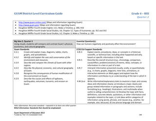 GUAM District Level Curriculum Guide Grade 4 – HSS
Quarter 2
Italic Information: Recursive standard – repeated in at least one other quarter
BOLD information: Standards that should be emphasized
Guam Department of Education 2013
• http://www.guam-online.com/ (Maps and information regarding Guam)
• http://www.guam.gov/ (Maps and information regarding Guam)
• Houghton Mifflin Fourth Grade English, U11, Make a Timeline, p. 390, H54
• Houghton Mifflin Fourth Grade Social Studies, U6, Chapter 12, Types of Economies, pp. 352 and 353
• Houghton Mifflin Fourth Grade Social Studies, U2, Chapter 3, Make a Timeline, p. 100
Big Idea 2, Quarter 2
Using visuals, students will compare and contrast Guam’s physical,
economics, and cultural geography.
Essential Question(s):
How can humans negatively and positively affect the environment?
Guam Standards:
4.3.1 Create and explain maps, diagrams, tables, charts,
graphs, and spreadsheets.
4.3.2 Identify and explain the uses and conservation of the
environment and resources.
4.3.4 Describe and compare the climate of Guam with other
regions.
4.3.5 Describe the physical, economic, and cultural geography
of Guam.
4.3.8 Recognize the consequences of human modification of
the environment on Guam.
4.3.9 Describe the causes and effects of typhoons,
earthquakes, volcanoes, tsunamis, and erosion on
Guam.
CCSS ELA Support Standards:
4.RI.3 Explain events, procedures, ideas, or concepts in a historical,
scientiﬁc, or technical text, including what happened and why,
based on speciﬁc information in the text.
4.RI.5 Describe the overall structure (e.g., chronology, comparison,
cause/effect, problem/solution) of events, ideas, concepts, or
information in a text or part of a text.
4.RI.7 Interpret information presented visually, orally, or quantitatively
(e.g., in charts, graphs, diagrams, time lines, animations, or
interactive elements on Web pages) and explain how the
information contributes to an understanding of the text in which it
appears.
4.W.2a-e Write informative/explanatory texts to examine a topic and convey
ideas and information clearly: a) Introduce a topic clearly and
group related information in paragraphs and sections; include
formatting (e.g., headings), illustrations, and multimedia when
useful to aiding comprehension; b) Develop the topic with facts,
deﬁnitions, concrete details, quotations, or other information and
examples related to the topic; c) Link ideas within categories of
information using words, phrases, and clauses (e.g., another, for
example, also, because); d) Use precise language and domain-
Funded by Title V-A Consolidated Grant 248
 