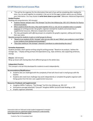 GUAM District Level Lesson Plan Quarter 2
Instructions that are italicized include student engagement strategies.
Instructions that are underlined embed checking for understanding.
Guam Department of Education 2013
• “This will be the organizer for the information that each of you will be completing after reading the
story. You can work together to complete it. Be sure to list the page numbers where you are finding
your information. You may choose to write items down as you read.” (Marzano: Advanced Organizers)
Guided Practice:
Reading and comprehension: (45 minutes)
• Students Partner whisper-read “The Stranger” by Chris Van Allsburg (pp. 301–317). Monitor for fluency
and pronunciation.
• When students finish the story, they work together (4.SL.1c, 4.SL.1d ) to complete notes in a graphic
organizer (or writing journal). See graphic organizer example for students and answer key in
supplemental resources. (Marzano: Cooperative Learning)
• The class participates with offering answers to complete the graphic organizer, editing and revising
their own notes.
Question prompt for students in pairs or small groups to discuss:
• “Based on our analysis of this ‘stranger’ who can you infer he was? What’s your evidence in text? What
is your evidence from background knowledge?”
• “How does looking at ‘the stranger’ character contribute to understanding the story?”
Formative Assessment:
Students provide a short opinion writing using this writing prompt: “Based on my analysis, I believe the
stranger was…” Display writing prompt and expectations (e.g., topic sentence, two supporting sentences,
closing)
Closure: (10 minutes)
Wrap up lesson with sharing ideas from different groups to the whole class.
Independent Practice:
This concept is not yet fully developed for students to work independently.
Accommodations/Modifications:
• Students who are challenged with the complexity of text will choral read in small groups with the
teacher.
• Students who need more challenge may work independently or complete the graphic organizer with
listing quotes from the text. (see supplemental resources)
Resources (Textbook and Supplemental):
• Houghton Mifflin Traditions, “The Stranger” by Chris Van Allsburg: pp. 301–317
• Anticipatory passage (attached) “Carousel” Houghton Mifflin Second Grade Reading, p. 220
• Graphic organizer (attached)
Funded by Title V-A Consolidated Grant 73
 