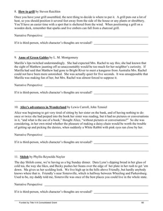 8. How to grill by Steven Raichlen
Once you have your grill assembled, the next thing to decide is where to put it. A grill puts out a lot of
heat, so you should position it several feet away from the side of the house or any plants or shrubbery.
You’ll have an easier time with a spot that is sheltered from the wind. When positioning a grill on a
wooden deck, remember that sparks and live embers can fall from a charcoal grill.
Narrative Perspective: _________________________________________________________________
If it is third-person, which character’s thoughts are revealed? __________________________________
____________________________________________________________________________________
9. Anne of Green Gables by L. M. Montgomery
Marilla’s lips twitched understandingly. She had expected Mrs. Rachel to say this; she had known that
the sight of Matthew jaunting off so unaccountably would be too much for her neighbor’s curiosity. If
Marilla had said that Matthew had gone to Bright River to meet a kangaroo from Australia Mrs. Rachel
could not have been more astonished. She was actually quiet for five seconds. It was unsupposable that
Marilla was making fun of her, but Mrs. Rachel was almost forced to suppose it.
Narrative Perspective: _________________________________________________________________
If it is third-person, which character’s thoughts are revealed? __________________________________
____________________________________________________________________________________
10. Alice's adventures in Wonderland by Lewis Carroll, John Tenniel
Alice was beginning to get very tired of sitting by her sister on the bank, and of having nothing to do:
once or twice she had peeped into the book her sister was reading, but it had no pictures or conversations
in it, “and what is the use of a book,” thought Alice, “without pictures or conversations?” So she was
considering, in her own mind whether the pleasure of making a daisy-chain would be worth the trouble
of getting up and picking the daisies, when suddenly a White Rabbit with pink eyes ran close by her.
Narrative Perspective: _________________________________________________________________
If it is third-person, which character’s thoughts are revealed? __________________________________
____________________________________________________________________________________
11. Shiloh by Phyllis Reynolds Naylor
The day Shiloh come, we’re having us a big Sunday dinner. Dara Lynn’s dipping bread in her glass of
cold tea, the way she likes, and Becky pushes her beans over the edge of her plate in her rush to get ’em
down. Ma gives us her scolding look. We live high up in the hills above Friendly, but hardly anybody
knows where that is. Friendly’s near Sistersville, which is halfway between Wheeling and Parkersburg.
Used to be, my daddy told me, Sistersville was once of the best places you could live in the whole state.
Narrative Perspective: _________________________________________________________________
If it is third-person, which character’s thoughts are revealed? __________________________________
____________________________________________________________________________________
Funded by Title V-A Consolidated Grant 80
 