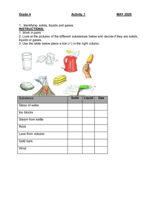 Grade 4 Activity 1 MAY 2020
1. Identifying solids, liquids and gases
INSTRUCTIONS:
1. Work in pairs
2. Look at the pictures of the different substances below and decide if they are solids,
liquids or gases.
3. Use the table below place a tick () in the right column.
Substance Solid Liquid Gas
Glass of water
Ice blocks
Steam from kettle
Rock
Lava from volcano
Gold bars
Wind
 