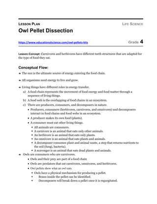 LESSON PLAN LIFE SCIENCE
Owl Pellet Dissection
https://www.educationalscience.com/owl-pellets-kits Grade 4
Lesson Concept: Carnivores and herbivores have different teeth structures that are adapted for
the type of food they eat.
Conceptual Flow:
 The sun is the ultimate source of energy entering the food chain.
 All organisms need energy to live and grow.
 Living things have different roles in energy transfer.
a) A food chain represents the movement of food energy and food matter through a
sequence of living things.
b) A food web is the overlapping of food chains in an ecosystem.
c) There are producers, consumers, and decomposers in nature.
 Producers, consumers (herbivores, carnivores, and omnivores) and decomposers
interact in food chains and food webs in an ecosystem.
 A producer makes its own food (plants).
 A consumer must eat other living things.
 All animals are consumers.
 A carnivore is an animal that eats only other animals.
 An herbivore is an animal that eats only plants.
 An omnivore is an animal that eats plants and animals.
 A decomposer consumes plant and animal waste, a step that returns nutrients to
the soil (fungi, bacteria).
 A scavenger is an animal that eats dead plants and animals.
 Owls are consumers who are carnivores.
 Owls and their prey are part of a food chain
 Owls are predators that eat carnivores, omnivores, and herbivores.
 Owl pellets show what an owl eats.
 Owls have a physical mechanism for producing a pellet.
 Bones inside the pellet can be identified.
 Decomposers will break down a pellet once it is regurgitated.
 