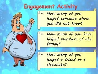 • How many of you
helped someone whom
you did not know?
• How many of you have
helped members of the
family?
• How many of you
helped a friend or a
classmate?
 