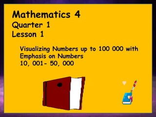 Mathematics 4
Quarter 1
Lesson 1
Visualizing Numbers up to 100 000 with
Emphasis on Numbers
10, 001- 50, 000
 