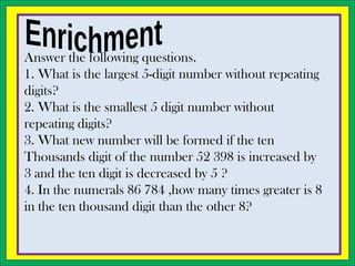Answer the following questions.
1. What is the largest 5-digit number without repeating
digits?
2. What is the smallest 5 digit number without
repeating digits?
3. What new number will be formed if the ten
Thousands digit of the number 52 398 is increased by
3 and the ten digit is decreased by 5 ?
4. In the numerals 86 784 ,how many times greater is 8
in the ten thousand digit than the other 8?
 