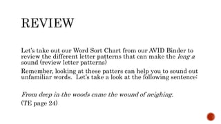 Let’s take out our Word Sort Chart from our AVID Binder to
review the different letter patterns that can make the long a
sound (review letter patterns)
Remember, looking at these patters can help you to sound out
unfamiliar words. Let’s take a look at the following sentence:
From deep in the woods came the wound of neighing.
(TE page 24)
 