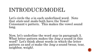 Let’s circle the a in each underlined word. Note
that state and make both have the Vowel-
Consonant-e pattern. This makes the vowel sound
long.
Now, let’s underline the word may in paragraph 3.
What letter pattern makes the long a sound in this
word? Let’s think about words in which the letter
pattern ea and ei make the long a sound (wear, tear,
neighbor, weigh).
 