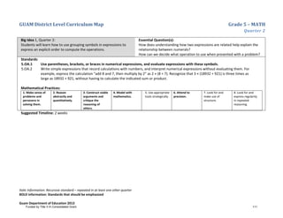 GUAM District Level Curriculum Map Grade 5 – MATH
Quarter 2
Italic Information: Recursive standard – repeated in at least one other quarter
BOLD information: Standards that should be emphasized
Guam Department of Education 2013
Big Idea 1, Quarter 2:
Students will learn how to use grouping symbols in expressions to
express an explicit order to compute the operations.
Essential Question(s):
How does understanding how two expressions are related help explain the
relationship between numerals?
How can we decide what operation to use when presented with a problem?
Standards:
5.OA.1 Use parentheses, brackets, or braces in numerical expressions, and evaluate expressions with these symbols.
5.OA.2 Write simple expressions that record calculations with numbers, and interpret numerical expressions without evaluating them. For
example, express the calculation “add 8 and 7, then multiply by 2” as 2 × (8 + 7). Recognize that 3 × (18932 + 921) is three times as
large as 18932 + 921, without having to calculate the indicated sum or product.
Mathematical Practices:
1. Make sense of
problems and
persevere in
solving them.
2. Reason
abstractly and
quantitatively.
3. Construct viable
arguments and
critique the
reasoning of
others.
4. Model with
mathematics.
5. Use appropriate
tools strategically.
6. Attend to
precision.
7. Look for and
make use of
structure.
8. Look for and
express regularity
in repeated
reasoning.
Suggested Timeline: 2 weeks
Funded by Title V-A Consolidated Grant 111
 