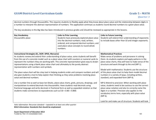 GUAM District Level Curriculum Guide Grade 5 – MATH
Quarter 1
Italic Information: Recursive standard – repeated in at least one other quarter
BOLD information: Standards that should be emphasized
Guam Department of Education 2013
decimal numbers through thousandths. This requires students to flexibly apply what they know about place value and the relationship between digits in
a number to interpret the abstract representation of numbers. This application continues as students round decimal numbers to a given place value.
The key vocabulary in this Big Idea has been introduced in previous grades and should be reviewed as appropriate in the lessons.
Key Vocabulary
thousandths place
Links to Prior Learning
Students have previously explored place value
into the decimal numbers; read, written,
ordered, and compared decimal numbers; and
used place value concepts to round whole
numbers.
Links to Future Learning
Students will extend their understanding of exponents
to include bases other than 10 and integer exponents.
Instructional Strategies (EL, SIOP, SPED, Marzano)
As students review and extend their understanding of place value, some students will benefit
from the use of a concrete model such as a place value chart with counters or numeral cards to
represent the numbers they are working with. This concrete representation gives way to drawn
representations using a blank place value chart and ultimately to the purely abstract
representation with numbers and symbols.
The place value chart will be a key tool in helping students order and compare numbers and will
also give students a tool to help explain their thinking as they solve problems involving place
value and decimal numbers.
Use a number line as well as base-ten blocks, place value charts, grids, pictures, drawings, and
manipulatives to extend decimals into thousandths. Have students read decimals using
fractional language and write decimals in fractional form as well as expanded notation so that
students make connections to equivalencies such as 0.8 = 0.80 = 0.800.
Mathematical Practices
Make sense of problems and persevere in solving
them: As students explore and apply patterns in the
place value charts, they will have to make sense of the
structure and work through to the end (MP 1).
Model with mathematics: Students use the structure
of the place value chart to help them model decimal
numbers in a variety of ways, including written,
standard, and expanded form (MP 4).
MP.6 Attend to precision: When working with place
value, students need to be cautious to use the correct
place value notation and also to correctly name the
digits in a number. Precision also applies to the
vocabulary terms here, especially with place value
(MP 6).
Look for and make use of structure: Students will look
Funded by Title V-A Consolidated Grant 120
 