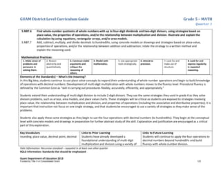 GUAM District Level Curriculum Guide Grade 5 – MATH
Quarter 1
Italic Information: Recursive standard – repeated in at least one other quarter
BOLD information: Standards that should be emphasized
Guam Department of Education 2013
5.NBT.6 Find whole-number quotients of whole numbers with up to four-digit dividends and two-digit divisors, using strategies based on
place value, the properties of operations, and/or the relationship between multiplication and division. Illustrate and explain the
calculation by using equations, rectangular arrays, and/or area models.
5.NBT.7 Add, subtract, multiply, and divide decimals to hundredths, using concrete models or drawings and strategies based on place value,
properties of operations, and/or the relationship between addition and subtraction; relate the strategy to a written method and
explain the reasoning used.
Mathematical Practices:
1. Make sense of
problems and
persevere in
solving them.
2. Reason
abstractly and
quantitatively.
3. Construct viable
arguments and
critique the
reasoning of
others.
4. Model with
mathematics.
5. Use appropriate
tools strategically.
6. Attend to
precision.
7. Look for and
make use of
structure.
8. Look for and
express regularity
in repeated
reasoning.
Elements of the Standard(s) – What’s the meaning?
In this Big Idea, students continue to use place value concepts to expand their understanding of whole number operations and begin to build knowledge
of operations with decimal numbers. Development of multi-digit multiplication with whole numbers moves to the fluency level. Procedural fluency is
defined by the Common Core as “skill in carrying out procedures flexibly, accurately, efficiently, and appropriately.”
Students extend their understanding of multi-digit division to include 2-digit divisors. They use the same strategies they used in grade 4 as they solve
division problems, such as arrays, area models, and place value charts. These strategies will be critical as students are exposed to strategies involving
place value, the relationship between multiplication and division, and properties of operations (including the associative and distributive properties); it is
important that instruction not focus on one single strategy, and that students be encouraged to use a variety of strategies as they make sense of the
problems.
Students also apply these same strategies as they begin to use the four operations with decimal numbers (to hundredths). They begin at the conceptual
level with concrete models and drawings in preparation for further abstract study of this skill. Explanation and justification are encouraged as a critical
part of this exploration.
Key Vocabulary
rounding, place value, decimal point, decimal
Links to Prior Learning
Students have already developed a
foundational understanding of multi-digit
multiplication and division using a variety of
Links to Future Learning
Students will continue to apply the four operations to
decimal numbers beyond hundredths and build
fluency with whole-number division.
Funded by Title V-A Consolidated Grant 123
 