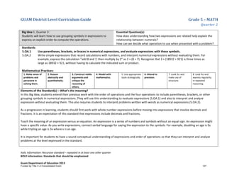 GUAM District Level Curriculum Guide Grade 5 – MATH
Quarter 2
Italic Information: Recursive standard – repeated in at least one other quarter
BOLD information: Standards that should be emphasized
Guam Department of Education 2013
Big Idea 1, Quarter 2:
Students will learn how to use grouping symbols in expressions to
express an explicit order to compute the operations.
Essential Question(s):
How does understanding how two expressions are related help explain the
relationship between numerals?
How can we decide what operation to use when presented with a problem?
Standards:
5.OA.1 Use parentheses, brackets, or braces in numerical expressions, and evaluate expressions with these symbols.
5.OA.2 Write simple expressions that record calculations with numbers, and interpret numerical expressions without evaluating them. For
example, express the calculation “add 8 and 7, then multiply by 2” as 2 × (8 + 7). Recognize that 3 × (18932 + 921) is three times as
large as 18932 + 921, without having to calculate the indicated sum or product.
Mathematical Practices:
1. Make sense of
problems and
persevere in
solving them.
2. Reason
abstractly and
quantitatively.
3. Construct viable
arguments and
critique the
reasoning of
others.
4. Model with
mathematics.
5. Use appropriate
tools strategically.
6. Attend to
precision.
7. Look for and
make use of
structure.
8. Look for and
express regularity
in repeated
reasoning.
Elements of the Standard(s) – What’s the meaning?
In this Big Idea, students extend their previous work with the order of operations and the four operations to include parentheses, brackets, or other
grouping symbols in numerical expressions. They will use this understanding to evaluate expressions (5.OA.1) and also to interpret and analyze
expression without evaluating them. This also requires students to interpret problems written with words as numerical expressions (5.OA.2).
As a progression in learning, students should first work with whole number expressions before moving into expressions that involve decimals and
fractions. It is an expectation of this standard that expressions include decimals and fractions.
Teach the meaning of an expression versus an equation. An expression is a series of numbers and symbols without an equal sign. An expression might
have a specific value. As you write expressions, connect verbal language for saying the expression to the symbols. For example, doubling an age is 2x
while tripling an age is 3x where x is an age.
It is important for students to have a sound conceptual understanding of expressions and order of operations so that they can interpret and analyze
problems at the level expressed in the standard.
Funded by Title V-A Consolidated Grant 127
 