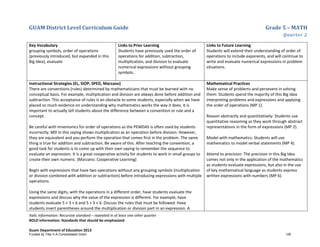 GUAM District Level Curriculum Guide Grade 5 – MATH
Quarter 2
Italic Information: Recursive standard – repeated in at least one other quarter
BOLD information: Standards that should be emphasized
Guam Department of Education 2013
Key Vocabulary
grouping symbols, order of operations
(previously introduced, but expanded in this
Big Idea), evaluate
Links to Prior Learning
Students have previously used the order of
operations for addition, subtraction,
multiplication, and division to evaluate
numerical expressions without grouping
symbols.
Links to Future Learning
Students will extend their understanding of order of
operations to include exponents, and will continue to
write and evaluate numerical expressions in problem
situations.
Instructional Strategies (EL, SIOP, SPED, Marzano)
There are conventions (rules) determined by mathematicians that must be learned with no
conceptual basis. For example, multiplication and division are always done before addition and
subtraction. This acceptance of rules is an obstacle to some students, especially when we have
placed so much evidence on understanding why mathematics works the way it does. It is
important to actually tell students about the difference between a convention or rule and a
concept.
Be careful with mnemonics for order of operations as the PEMDAS is often used by students
incorrectly. MD in this saying shows multiplication as an operation before division. However,
they are equivalent and you perform the operation that comes first in the problem. The same
thing is true for addition and subtraction. Be aware of this. After teaching the convention, a
good task for students is to come up with their own saying to remember the sequence to
evaluate an expression. It is a great cooperative activity for students to work in small groups to
create their own numeric. (Marzano: Cooperative Learning)
Begin with expressions that have two operations without any grouping symbols (multiplication
or division combined with addition or subtraction) before introducing expressions with multiple
operations.
Using the same digits, with the operations in a different order, have students evaluate the
expressions and discuss why the value of the expression is different. For example, have
students evaluate 5 × 3 + 6 and 5 + 3 × 6. Discuss the rules that must be followed. Have
students insert parentheses around the multiplication or division part in an expression. A
Mathematical Practices
Make sense of problems and persevere in solving
them: Students spend the majority of this Big Idea
interpreting problems and expressions and applying
the order of operations (MP 1).
Reason abstractly and quantitatively: Students use
quantitative reasoning as they work through abstract
representations in the form of expressions (MP 2).
Model with mathematics: Students will use
mathematics to model verbal statements (MP 4).
Attend to precision: The precision in this Big Idea
comes not only in the application of the mathematics
as students evaluate expressions, but also in the use
of key mathematical language as students express
written expressions with numbers (MP 6).
Funded by Title V-A Consolidated Grant 128
 