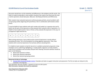 GUAM District Level Curriculum Guide Grade 5 – MATH
Quarter 2
Italic Information: Recursive standard – repeated in at least one other quarter
BOLD information: Standards that should be emphasized
Guam Department of Education 2013
discussion should focus on the similarities and differences in the problems and the results. This
leads to students being able to solve problem situations that require that they know the order
in which operations should take place. (Marzano: Identifying Similarities and Differences)
After students have evaluated expressions without grouping symbols, present problems with
one grouping symbol, beginning with parentheses, then in combination with brackets and/or
braces.
It may be helpful to have students write each number and symbol on a separate note card to
better see the parts of the expression as they evaluate them using the order of operations. It is
helpful to have students work in twos or threes as they evaluate the expression in this way. An
arrangement might look like this:
6 + ( 2 + 4 ) ÷ 3
When writing expressions, have students write numerical expressions in words without
calculating the value. This is the foundation for writing algebraic expressions. Then, have
students write numerical expressions from phrases without calculating them.
It is helpful to teach students to look for key terms in problems presented using words. Using
strategies such as underlining, highlighting, or simple graphic organizers can help students
make sense of problems and accurately interpret their meaning. Particular attention should be
given to the following:
• Words that represent numbers
• Words that represent operations
• Words that represent grouping symbols
Resources & Links to Technology
• Georgia Math Standards (Grade 5 Unit 1) Examples and tasks to support instruction and assessment. The first six tasks are relevant to the
standards in this Big Idea.
Funded by Title V-A Consolidated Grant 129
 
