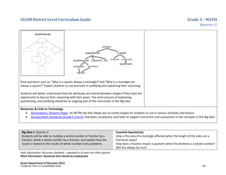 GUAM District Level Curriculum Guide Grade 5 – MATH
Quarter 2
Italic Information: Recursive standard – repeated in at least one other quarter
BOLD information: Standards that should be emphasized
Guam Department of Education 2013
Pose questions such as, “Why is a square always a rectangle?”and “Why is a rectangle not
always a square?” Expect students to use precision in justifying and explaining their reasoning.
Students will better understand how the attributes are shared between shapes if they have the
opportunity to discuss their reasoning with their peers. The same process of explaining,
questioning, and justifying should be an ongoing part of the instruction in this Big Idea.
Resources & Links to Technology
• Illuminations: Dynamic Paper An NCTM site that allows you to create shapes for students to use in various activities and lessons
• Georgia Math Standards (Grade 5 Unit 6) Examples, vocabulary, and tasks to support instruction and assessment in the concepts in this Big Idea.
Big Idea 4, Quarter 2:
Students will be able to multiply a whole number or fraction by a
fraction, divide a whole number by a fraction, and explain how the
result is related to the results of whole number–only problems.
Essential Question(s):
How is the area of a rectangle affected when the length of the sides are a
fractional value?
How does a fraction impact a quotient when the dividend is a whole number?
Will this always be true?
Funded by Title V-A Consolidated Grant 136
 
