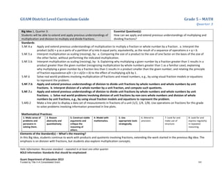 GUAM District Level Curriculum Guide Grade 5 – MATH
Quarter 3
Italic Information: Recursive standard – repeated in at least one other quarter
BOLD information: Standards that should be emphasized
Guam Department of Education 2013
Big Idea 1, Quarter 3:
Students will be able to extend and apply previous understandings of
multiplication and division to multiply and divide fractions.
Essential Question(s):
How can we apply and extend previous understandings of multiplying and
dividing fractions?
Standards:
5.NF.4.a Apply and extend previous understandings of multiplication to multiply a fraction or whole number by a fraction. a. Interpret the
product (a/b) × q as a parts of a partition of q into b equal parts; equivalently, as the result of a sequence of operations a × q ÷ b.
5.NF.5.a Interpret multiplication as scaling (resizing), by: a. Comparing the size of a product to the size of one factor on the basis of the size of
the other factor, without performing the indicated multiplication.
5.NF.5.b Interpret multiplication as scaling (resizing), by: b. Explaining why multiplying a given number by a fraction greater than 1 results in a
product greater than the given number (recognizing multiplication by whole numbers greater than 1 as a familiar case); explaining
why multiplying a given number by a fraction less than 1 results in a product smaller than the given number; and relating the principle
of fraction equivalence a/b = (n × a)/(n × b) to the effect of multiplying a/b by 1.
5.NF.6 Solve real world problems involving multiplication of fractions and mixed numbers, e.g., by using visual fraction models or equations
to represent the problem.
5.NF.7.b Apply and extend previous understandings of division to divide unit fractions by whole numbers and whole numbers by unit
fractions. b. Interpret division of a whole number by a unit fraction, and compute such quotients.
5.NF.7.c Apply and extend previous understandings of division to divide unit fractions by whole numbers and whole numbers by unit
fractions. c. Solve real world problems involving division of unit fractions by non-zero whole numbers and division of whole
numbers by unit fractions, e.g., by using visual fraction models and equations to represent the problem.
5.MD.2 Make a line plot to display a data set of measurements in fractions of a unit (1/2, 1/4, 1/8). Use operations on fractions for this grade
to solve problems involving information presented in line plots.
Mathematical Practices:
1. Make sense of
problems and
persevere in
solving them.
2. Reason
abstractly and
quantitatively.
3. Construct viable
arguments and
critique the
reasoning of
others.
4. Model with
mathematics.
5. Use
appropriate tools
strategically.
6. Attend to
precision.
7. Look for and
make use of
structure.
8. Look for and
express regularity
in repeated
reasoning.
Elements of the Standard(s) – What’s the meaning?
In this Big Idea, students continue to work with products and quotients involving fractions, extending the work started in the previous Big Idea. The
emphasis is on division with fractions, but students also explore multiplication concepts.
Funded by Title V-A Consolidated Grant 141
 