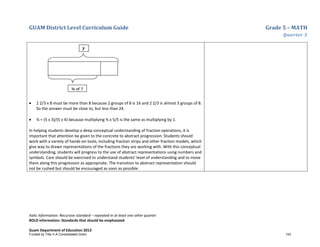 GUAM District Level Curriculum Guide Grade 5 – MATH
Quarter 3
Italic Information: Recursive standard – repeated in at least one other quarter
BOLD information: Standards that should be emphasized
Guam Department of Education 2013
• 2 2/3 x 8 must be more than 8 because 2 groups of 8 is 16 and 2 2/3 is almost 3 groups of 8.
So the answer must be close to, but less than 24.
• ¾ = (5 x 3)/(5 x 4) because multiplying ¾ x 5/5 is the same as multiplying by 1.
In helping students develop a deep conceptual understanding of fraction operations, it is
important that attention be given to the concrete to abstract progression. Students should
work with a variety of hands-on tools, including fraction strips and other fraction models, which
give way to drawn representations of the fractions they are working with. With this conceptual
understanding, students will progress to the use of abstract representations using numbers and
symbols. Care should be exercised to understand students’ level of understanding and to move
them along this progression as appropriate. The transition to abstract representation should
not be rushed but should be encouraged as soon as possible.
Funded by Title V-A Consolidated Grant 143
 