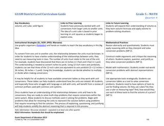 GUAM District Level Curriculum Guide Grade 5 – MATH
Quarter 4
Italic Information: Recursive standard – repeated in at least one other quarter
BOLD information: Standards that should be emphasized
Guam Department of Education 2013
Key Vocabulary
volume, unit cube, solid figure
Links to Prior Learning
Students have previously worked with unit
conversions from larger units to smaller units.
The idea of a unit cube is based in prior
learning on unit squares as students began to
explore area.
Links to Future Learning
Students will expand their understanding of volume as
they learn volume formulas and apply volume to
problem-solving situations.
Instructional Strategies (EL, SIOP, SPED, Marzano)
Use graphic organizers (foldables) and hands-on models to teach the key vocabulary in this Big
Idea.
To convert from one unit to another unit, the relationship between the units must be known. In
order for students to have a better understanding of the relationships between units, they
need to use measuring tools in class. The number of units must relate to the size of the unit.
For example, students have discovered that there are 12 inches in 1 foot and 3 feet in 1 yard.
This understanding is needed to convert inches to yards. Using 12-inch rulers and yardsticks,
students can see that three of the 12-inch rulers are equivalent to one yardstick (3 × 12 inches =
36 inches; 36 inches = 1 yard). Using this knowledge, students can decide whether to multiply
or divide when making conversions.
It may be helpful for all students to have available conversion tables as they work with unit
conversions. These tables can help students understand how the units are related. All students,
and especially those who struggle with language or skill with units, will benefit from a review of
common prefixes used with common unit systems.
Once students have an understanding of the relationships between units and how to do
conversions, they are ready to solve multi-step problems that require conversions within the
same system. Allow students to discuss methods used in solving the problems. Begin with
problems that allow for renaming the units to represent the solution before using problems
that require renaming to find the solution. The process of explaining, questioning, and justifying
will help students solidify the abstract reasoning that is required in this process.
Mathematical Practices
Reason abstractly and quantitatively: Students must
apply reasoning skills as they interpret and solve
conversion problems (MP 2).
Construct viable arguments and critique the reasoning
of others: Students explain, question, and justify as
they solve conversion problems (MP 3).
Model with mathematics: Students model real-world
conversion problems with abstract representations
(MP 4).
Use appropriate tools strategically: Students use
conversion tables as a tool to solve conversion
problems. Students need to have options of tools to
use for finding volume. Do they use cubes? Do they
use a ruler or measuring tape? And, how would they
use each of these tools to find the volume of a prism?
(MP 5)
Funded by Title V-A Consolidated Grant 150
 