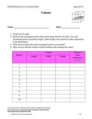 GUAM District Level Lesson Plan Quarter 4
Instructions that are italicized include students engagement strategies.
Instructions that are underlined embed checking for understanding.
Guam Department of Education 2013
Volume
Name: _________________________________ Date: _________________
1. Count out 36 cubes.
2. Build all the rectangular prisms that can be made with the 36 cubes. For each
rectangular prism, record the length, width, height, and volume in cubic centimeters
in the table below.
3. What do you notice about the rectangular prisms you created?
4. How can you find the volume without building and counting the cubes?
Shape #
Volume Volume in
cubic
centimeters
( )
Length Width Height
1
2
3
4
5
6
7
8
9
10
Funded by Title V-A Consolidated Grant 165
 