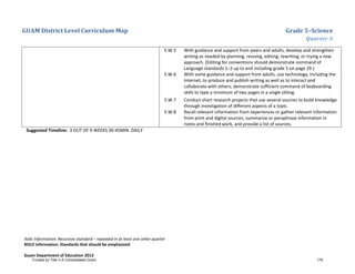 GUAM District Level Curriculum Map Grade 5–Science
Quarter 3
Italic Information: Recursive standard – repeated in at least one other quarter
BOLD information: Standards that should be emphasized
Guam Department of Education 2013
5.W.5 With guidance and support from peers and adults, develop and strengthen
writing as needed by planning, revising, editing, rewriting, or trying a new
approach. (Editing for conventions should demonstrate command of
Language standards 1–3 up to and including grade 5 on page 29.)
5.W.6 With some guidance and support from adults, use technology, including the
Internet, to produce and publish writing as well as to interact and
collaborate with others; demonstrate sufficient command of keyboarding
skills to type a minimum of two pages in a single sitting.
5.W.7 Conduct short research projects that use several sources to build knowledge
through investigation of different aspects of a topic.
5.W.8 Recall relevant information from experiences or gather relevant information
from print and digital sources; summarize or paraphrase information in
notes and ﬁnished work, and provide a list of sources.
Suggested Timeline: 3 OUT OF 9 WEEKS 30-45MIN. DAILY
Funded by Title V-A Consolidated Grant 178
 
