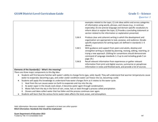GUAM District Level Curriculum Guide Grade 5 – Science
Quarter 1
Italic Information: Recursive standard – repeated in at least one other quarter
BOLD information: Standards that should be emphasized
Guam Department of Education 2013
examples related to the topic; C) Link ideas within and across categories
of information using words, phrases, and clauses (e.g., in contrast,
especially); D) Use precise language and domain-speciﬁc vocabulary to
inform about or explain the topic; E) Provide a concluding statement or
section related to the information or explanation presented.
5.W.4 Produce clear and coherent writing in which the development and
organization are appropriate to task, purpose, and audience. (Grade-
speciﬁc expectations for writing types are deﬁned in standards 1–3
above.)
5.W.5 With guidance and support from peers and adults, develop and
strengthen writing as needed by planning, revising, editing, rewriting, or
trying a new approach. (Editing for conventions should demonstrate
command of Language standards 1–3 up to and including grade 5 on
page 29.)
5.W.8 Recall relevant information from experiences or gather relevant
information from print and digital sources; summarize or paraphrase
information in notes and ﬁnished work, and provide a list of sources.
Elements of the Standard(s) – What’s the meaning?
There are three major components to this Big Idea:
• Students will first become familiar with water’s ability to change forms (gas, solid, liquid). They will understand that warmer temperatures cause
water to evaporate, becoming a gas, and under cooler conditions water can freeze into ice, becoming a solid.
• Students will apply this knowledge to understand how water changes form as it relates to the water cycle:
1. Heat from the sun causes water on Earth to evaporate and rise into the sky.
2. As water vapor in the clouds cools down, it becomes water again through condensation.
3. Water falls from the sky in the form of rain, snow, hail, or sleet through a process called precipitation.
4. Oceans and lakes collect water that has fallen and the process continues over again.
• Students will learn that the various forms water takes affects the land, ocean, and atmosphere.
Funded by Title V-A Consolidated Grant 187
 