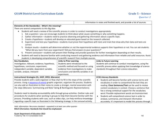 GUAM District Level Curriculum Guide Grade 5 – Science
Quarter 2
Italic Information: Recursive standard – repeated in at least one other quarter
BOLD information: Standards that should be emphasized
Guam Department of Education 2013
information in notes and ﬁnished work, and provide a list of sources.
Elements of the Standard(s) – What’s the meaning?
There are several components to this Big Idea:
• Students will need a review of the scientific process in order to conduct investigations appropriately:
1. Ask a question—you can encourage students to think about what causes something or why something happens.
2. Gather information—students need to practice observing and gathering information about a specific topic.
3. Create a hypothesis—students will develop an educated guess based on the research collected.
4. Experiment and test your hypothesis—students must prove their hypothesis with tests and trials that show why their data and tests are
correct.
5. Analyze results—students will determine whether or not the experimental evidence supports their hypothesis or not. You can ask students
“What did you learn from your experiment? Did you find answers to your questions?”
6. Present conclusion—students will present their findings and provide questions for further investigation depending on their results.
• Students will need to become familiar with conducting research and gathering evidence and information from reliable and valid resources. Assist
students in developing comprehension of scientific research from multiple sources.
Key Vocabulary
investigation, relevant, evidence, hypothesis,
hypotheses, conclusion, experiment,
independent variable, dependent variable,
variable, analyze, interpret
Links to Prior Learning
Students were introduced to the
scientific method and focused on using
evidence from investigations to make
conclusions and identify variables in an
experiment.
Links to Future Learning
Students will continue to conduct investigations, using the
scientific process when applying their knowledge of science
standards throughout their science education.
Instructional Strategies (EL, SIOP, SPED, Marzano)
Provide students with a web organizer or flow chart to fill in the steps of the scientific
process. Using a sequence of events graphic organizer, organizes the process. Students
can also add an illustration to their notes to create a stronger, mental association with
the steps (Marzano: Summarizing and Note Taking & Nonlinguistic Representations).
Students need to develop accountability skills through group activities. Outline rules and
procedures for students when working in groups to help them become familiar with the
process. Providing students with cues, such as video clips, can help reinforce knowledge
regarding a specific topic as illustrated in the following strategy: in the carousal activity,
CCSS Literacy Standards
• Students will become familiar with science terms and
vocabulary in order to comprehend the text they are
reading. Cloze Sentences/Text can be used to review
content vocabulary in context. Choose a sentence that
has a strong contextual support for the vocabulary
word. Possible replacement words are brainstormed.
• Students will comprehend science text in order to
analyze, summarize, and interpret information
accurately. It’s important to model this process through
Funded by Title V-A Consolidated Grant 193
 