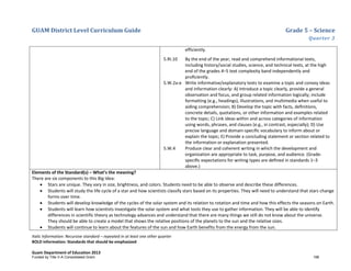 GUAM District Level Curriculum Guide Grade 5 – Science
Quarter 3
Italic Information: Recursive standard – repeated in at least one other quarter
BOLD information: Standards that should be emphasized
Guam Department of Education 2013
efficiently.
5.RI.10 By the end of the year, read and comprehend informational texts,
including history/social studies, science, and technical texts, at the high
end of the grades 4–5 text complexity band independently and
proﬁciently.
5.W.2a-e Write informative/explanatory texts to examine a topic and convey ideas
and information clearly: A) Introduce a topic clearly, provide a general
observation and focus, and group related information logically; include
formatting (e.g., headings), illustrations, and multimedia when useful to
aiding comprehension; B) Develop the topic with facts, deﬁnitions,
concrete details, quotations, or other information and examples related
to the topic; C) Link ideas within and across categories of information
using words, phrases, and clauses (e.g., in contrast, especially); D) Use
precise language and domain-speciﬁc vocabulary to inform about or
explain the topic; E) Provide a concluding statement or section related to
the information or explanation presented.
5.W.4 Produce clear and coherent writing in which the development and
organization are appropriate to task, purpose, and audience. (Grade-
speciﬁc expectations for writing types are deﬁned in standards 1–3
above.)
Elements of the Standard(s) – What’s the meaning?
There are six components to this Big Idea:
• Stars are unique. They vary in size, brightness, and colors. Students need to be able to observe and describe these differences.
• Students will study the life cycle of a star and how scientists classify stars based on its properties. They will need to understand that stars change
forms over time.
• Students will develop knowledge of the cycles of the solar system and its relation to rotation and time and how this effects the seasons on Earth.
• Students will learn how scientists investigate the solar system and what tools they use to gather information. They will be able to identify
differences in scientific theory as technology advances and understand that there are many things we still do not know about the universe.
They should be able to create a model that shows the relative positions of the planets to the sun and the relative sizes.
• Students will continue to learn about the features of the sun and how Earth benefits from the energy from the sun.
Funded by Title V-A Consolidated Grant 198
 
