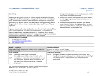 GUAM District Level Curriculum Guide Grade 5 – Science
Quarter 4
Italic Information: Recursive standard – repeated in at least one other quarter
BOLD information: Standards that should be emphasized
Guam Department of Education 2013
Note Taking).
Since this can be a difficult concept for students, provide background information
using a video clip. Before watching the video, provide students with an anticipation
guide. The anticipation guide will contain statements relating to the learning goal
and students will agree or disagree. After watching the video, students will agree or
disagree with the statement once more and observe changes (Marzano: Advance
Organizers).
In groups, students will conduct labs based on laws of motion. Each student will have
role in conducting the lab. As students gain lab experience, it is a good idea to
organize the groups and assign each member in the group a task at first. Student
tasks can rotate so that each member of the group practices taking responsibility and
gains experience with each task (Marzano: Cooperative Learning).
strong contextual support for the vocabulary word. Possible
replacement words are brainstormed.
• Students will continue to be exposed to scientific research
in order to gain experience with science text to enhance
comprehension.
• Problem-Solution frames can be used to build reading
comprehension. Students identify the problem, come up
with two possible solutions, and explain which solution has
the best chance of succeeding and why.
Resources & Links to Technology
• Harcourt Science Grade 5
• Research Articles Related to Motion
• Laws of Motion Video
Big Idea 2, Quarter 4
Students will be able to investigate, explain, and list energy that
can be transformed.
Essential Question(s):
What are the different forms of energy?
What are ways that energy can be transformed?
Guam Standards:
5.3.5 Explain that energy can be transformed.
EXAMPLE(S): mechanical, chemical, electrical, nuclear
5.3.7 Investigate and explain that when warm objects are put
with cool objects, the warm objects lose heat and the
cool objects gain heat until they are all at the same
temperature.
CCSS Literacy Standards:
5.RI.10 By the end of the year, read and comprehend informational texts,
including history/social studies, science, and technical texts, at the high
end of the grades 4–5 text complexity band independently and
proﬁciently.
Funded by Title V-A Consolidated Grant 203
 