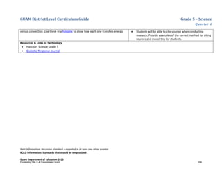 GUAM District Level Curriculum Guide Grade 5 – Science
Quarter 4
Italic Information: Recursive standard – repeated in at least one other quarter
BOLD information: Standards that should be emphasized
Guam Department of Education 2013
versus convection. Use these in a foldable to show how each one transfers energy. • Students will be able to cite sources when conducting
research. Provide examples of the correct method for citing
sources and model this for students.
Resources & Links to Technology
• Harcourt Science Grade 5
• Dialectic Response Journal
Funded by Title V-A Consolidated Grant 206
 
