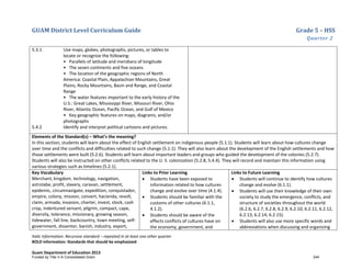 GUAM District Level Curriculum Guide Grade 5 – HSS
Quarter 2
Italic Information: Recursive standard – repeated in at least one other quarter
BOLD information: Standards that should be emphasized
Guam Department of Education 2013
5.3.1 Use maps, globes, photographs, pictures, or tables to
locate or recognize the following:
• Parallels of latitude and meridians of longitude
• The seven continents and five oceans
• The location of the geographic regions of North
America: Coastal Plain, Appalachian Mountains, Great
Plains, Rocky Mountains, Basin and Range, and Coastal
Range
• The water features important to the early history of the
U.S.: Great Lakes, Mississippi River, Missouri River, Ohio
River, Atlantic Ocean, Pacific Ocean, and Gulf of Mexico
• Key geographic features on maps, diagrams, and/or
photographs
5.4.2 Identify and interpret political cartoons and pictures.
Elements of the Standard(s) – What’s the meaning?
In this section, students will learn about the effect of English settlement on indigenous people (5.1.1). Students will learn about how cultures change
over time and the conflicts and difficulties related to such change (5.1.1). They will also learn about the development of the English settlements and how
those settlements were built (5.2.6). Students will learn about important leaders and groups who guided the development of the colonies (5.2.7).
Students will also be instructed on other conflicts related to the U. S. colonization (5.2.8, 5.4.4). They will record and maintain this information using
various strategies such as timelines (5.2.1).
Key Vocabulary
Merchant, kingdom. technology, navigation,
astrolabe, profit, slavery, caravan, settlement,
epidemic, circumnavigate, expedition, conquistador,
empire, colony, mission, convert, hacienda, revolt,
claim, armada, invasion, charter, invest, stock, cash
crop, indentured servant, pilgrim, compact, cape,
diversity, tolerance, missionary, growing season,
tidewater, fall line, backcountry, town meeting, self-
government, dissenter, banish, industry, export,
Links to Prior Learning
• Students have been exposed to
information related to how cultures
change and evolve over time (4.1.4).
• Students should be familiar with the
customs of other cultures (4.1.1,
4.1.2).
• Students should be aware of the
effects conflicts of cultures have on
the economy, government, and
Links to Future Learning
• Students will continue to identify how cultures
change and evolve (6.1.1).
• Students will use their knowledge of their own
society to study the emergence, conflicts, and
structure of societies throughout the world
(6.2.6, 6.2.7, 6.2.8, 6.2.9, 6.2.10, 6.2.11, 6.2.12,
6.2.13, 6.2.14, 6.2.15).
• Students will also use more specific words and
abbreviations when discussing and organizing
Funded by Title V-A Consolidated Grant 244
 