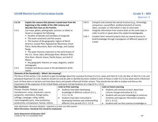 GUAM District Level Curriculum Guide Grade 5 – HSS
Quarter 3
Italic Information: Recursive standard – repeated in at least one other quarter
BOLD information: Standards that should be emphasized
Guam Department of Education 2013
5.2.14 Explain the reasons that pioneers moved west from the
beginning to the middle of the 19th century and
describe their lives on the frontier.
5.3.1 Use maps, globes, photographs, pictures, or tables to
locate or recognize the following:
• Parallels of latitude and meridians of longitude
• The seven continents and five oceans
• The location of the geographic regions of North
America: Coastal Plain, Appalachian Mountains, Great
Plains, Rocky Mountains, Basin and Range, and Coastal
Range
• The water features important to the early history of
the U.S.: Great Lakes, Mississippi River, Missouri River,
Ohio River, Atlantic Ocean, Pacific Ocean, and Gulf of
Mexico
• Key geographic features on maps, diagrams, and/or
photographs
5.4.1 Evaluate and discuss issues in the development of the
nation.
5.RI.5 Compare and contrast the overall structure (e.g., chronology,
comparison, cause/effect, problem/solution) of events,
ideas, concepts, or information in two or more texts.
5.RI.9 Integrate information from several texts on the same topic in
order to write or speak about the subject knowledgeably.
5.W.7 Conduct short research projects that use several sources to
build knowledge through investigation of different aspects of
a topic.
Elements of the Standard(s) – What’s the meaning?
The focus of this section is for students to gain knowledge about the Louisiana Purchase (5.2.11), Lewis and Clark (5.2.12), the War of 1812 (5.2.13), and
westward expansion (5.2.14). Students should not only be able to identify key items related to each of these in order (5.2.1) but what events influenced
each of these items or persons and how these items and people influenced further actions. They should also be able to analyze and discuss the
importance of the expansion of the United States and point out key locations on a map (5.3.1, 5.4.1).
Key Vocabulary
Pioneer, frontier, flatboat, canal,
manufacturer, corps, interpreter, source,
prosperity, nationalism, foreign policy,
suffrage, campaign, ruling, textile,
interchangeable parts, mass production,
productivity, entrepreneur, famine, reform,
Links to Prior Learning
• Students have been developing
knowledge of different cultures (3.1.1,
3.1.2, 3.1.3).
• Students have been instructed in
developing timelines and understanding
different time periods (3.2.1, 3.2.3).
Links to Future Learning
• Students will continue to learn about how
cultures change and evolve (6.1.1).
• Students will use prior knowledge to construct
timelines and organize information properly
(6.2.1, 6.2.2).
• Students will use their previous knowledge to
Funded by Title V-A Consolidated Grant 251
 