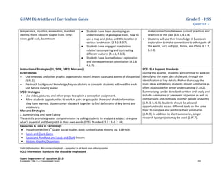 GUAM District Level Curriculum Guide Grade 5 – HSS
Quarter 3
Italic Information: Recursive standard – repeated in at least one other quarter
BOLD information: Standards that should be emphasized
Guam Department of Education 2013
temperance, injustice, annexation, manifest
destiny, front, cession, wagon train, forty-
niner, gold rush, boomtown
• Students have been developing an
understanding of geological traits, how to
use a map and globe, and the location of
various landmasses (3.3.1-3.3.7).
• Students have engaged in activities
related to comparing and contrasting
different cultures (4.1.1, 4.1.3).
• Students have learned about exploration
and consequences of colonization (4.2.8,
4.2.7).
make connections between current practices and
practices of the past (6.3.1, 6.2.4)
• Students will use their knowledge of European
exploration to make connections to other parts of
the world, such as Egypt, Persia, and China (6.2.7,
6.2.8).
Instructional Strategies (EL, SIOP, SPED, Marzano)
EL Strategies
• Use timelines and other graphic organizers to record import dates and events of this period
(5.RI.2).
• Pre-teach background knowledge/key vocabulary or concepts students will need for each
unit before moving ahead.
SPED Strategies
• Use video, pictures, and other props to explain a concept or assignment.
• Allow students opportunities to work in pairs or groups to share and check information
they have learned. Students may also work together to find definitions of key terms and
vocabulary.
Marzano Strategies
2. Summarizing and Note Taking
These skills promote greater comprehension by asking students to analyze a subject to expose
what's essential and then put it in their own words (CCSS Standard: 5.2.11–5.2.14).
CCSS ELA Support Standards
During this quarter, students will continue to work on
identifying the main idea of the unit through the
identification of key details. Rather than copy the
main ideas and details, students should summarize as
often as possible for better understanding (5.RI.2).
Summarizing can be done both written and orally and
include summaries of one event or person as well as
comparisons and contrasts to other people or events
(5.RI.3, 5.RL.5). Students should be allowed
opportunities to access different texts on the same
topic to compare and reinforce their summaries
(5.RI.9). In addition to short summaries, longer
research type projects may be used (5.W.7).
Resources & Links to Technology
• Houghton Mifflin 5th
Grade Social Studies Book: United States History, pp. 338–409
• Louis and Clark Game
• Louisiana Purchase and Louis and Clark lessons
• History Graphic Organizers
Funded by Title V-A Consolidated Grant 252
 