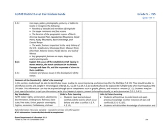 GUAM District Level Curriculum Guide Grade 5 – HSS
Quarter 4
Italic Information: Recursive standard – repeated in at least one other quarter
BOLD information: Standards that should be emphasized
Guam Department of Education 2013
5.3.1 Use maps, globes, photographs, pictures, or tables to
locate or recognize the following:
• Parallels of latitude and meridians of longitude
• The seven continents and five oceans
• The location of the geographic regions of North
America: Coastal Plain, Appalachian Mountains, Great
Plains, Rocky Mountains, Basin and Range, and
Coastal Range
• The water features important to the early history of
the U.S.: Great Lakes, Mississippi River, Missouri River,
Ohio River, Atlantic Ocean, Pacific Ocean, and Gulf of
Mexico
• Key geographic features on maps, diagrams,
and/or photographs
5.5.1 Explain the causes of the establishment of slavery in
North America, the harsh conditions of the Middle
Passage and slave life, and the responses of slaves to
their condition.
5.4.1 Evaluate and discuss issues in the development of the
nation.
Elements of the Standard(s) – What’s the meaning?
In this section, students will be able to identify key issues leading to, occurring during, and occurring after the Civil War (5.2.15). They should be able to
identify key events and people in chronological order (5.2.1, 5.2.16–5.2.19, 5.5.1). Students should be exposed to multiple texts when learning about the
Civil War. This information can also be acquired through visual components such as graphs, photos, and historical cartoons (5.2.2). Students may use
their new information to carry on discussions, write short research reports, present information visually, or write summaries (5.3.1, 5.4.1).
Key Vocabulary
Tariff, states’ rights, sectionalism, abolitionist,
discrimination, Underground Railroad, slave
state, free state, Union, popular sovereignty,
fugitive, secession, Confederacy, civil war
Links to Prior Learning
• Students have learned about
conflict and the events which occur
before and after a conflict (4.2.7,
4.2.10).
Links to Future Learning
• Students will continue to understand and apply
previous knowledge to other instances of war and
conflict (6.2.14, 6.2.15).
• Students will utilize their knowledge of colonization and
Funded by Title V-A Consolidated Grant 254
 