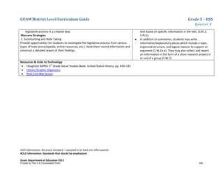 GUAM District Level Curriculum Guide Grade 5 – HSS
Quarter 4
Italic Information: Recursive standard – repeated in at least one other quarter
BOLD information: Standards that should be emphasized
Guam Department of Education 2013
legislative process in a creative way.
Marzano Strategies
2. Summarizing and Note Taking
Provide opportunities for students to investigate the legislative process from various
types of texts (encyclopedia, online resources, etc.). Have them record information and
construct a detailed report of their findings.
text based on speciﬁc information in the text. (5.RI.3,
5.RI.5).
• In addition to summaries, students may write
informative/explanatory pieces which include a topic,
organized structure, and logical reasons to support an
argument (5.W.2a-e). They may also collect and report
on information in the form of a short research project in
or out of a group (5.W.7).
Resources & Links to Technology
• Houghton Mifflin 5th
Grade Social Studies Book: United States History, pp. 450–531
• History Graphic Organizers
• Post-Civil War lesson
Funded by Title V-A Consolidated Grant 258
 