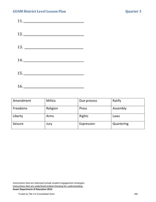 GUAM District Level Lesson Plan Quarter 3
Instructions that are italicized include student engagement strategies.
Instructions that are underlined embed checking for understanding.
Guam Department of Education 2013
11. ________________________________________
12. ________________________________________
13. _______________________________________
14. ________________________________________
15. ________________________________________
16. ________________________________________
Amendment Militia Due process Ratify
Freedoms Religion Press Assembly
Liberty Arms Rights Laws
Seizure Jury Expression Quartering
Funded by Title V-A Consolidated Grant 268
 