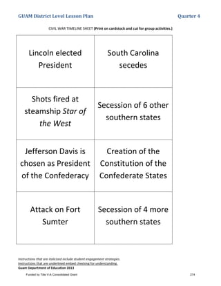 GUAM District Level Lesson Plan Quarter 4
Instructions that are italicized include student engagement strategies.
Instructions that are underlined embed checking for understanding.
Guam Department of Education 2013
CIVIL WAR TIMELINE SHEET (Print on cardstock and cut for group activities.)
Lincoln elected
President
South Carolina
secedes
Shots fired at
steamship Star of
the West
Secession of 6 other
southern states
Jefferson Davis is
chosen as President
of the Confederacy
Creation of the
Constitution of the
Confederate States
Attack on Fort
Sumter
Secession of 4 more
southern states
Funded by Title V-A Consolidated Grant 274
 