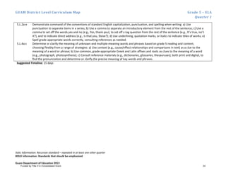 GUAM District Level Curriculum Map Grade 5 – ELA
Quarter 1
Italic Information: Recursive standard – repeated in at least one other quarter
BOLD information: Standards that should be emphasized
Guam Department of Education 2013
5.L.2a-e Demonstrate command of the conventions of standard English capitalization, punctuation, and spelling when writing: a) Use
punctuation to separate items in a series; b) Use a comma to separate an introductory element from the rest of the sentence; c) Use a
comma to set off the words yes and no (e.g., Yes, thank you), to set off a tag question from the rest of the sentence (e.g., It’s true, isn’t
it?), and to indicate direct address (e.g., Is that you, Steve?); d) Use underlining, quotation marks, or italics to indicate titles of works; e)
Spell grade-appropriate words correctly, consulting references as needed.
5.L.4a-c Determine or clarify the meaning of unknown and multiple-meaning words and phrases based on grade 5 reading and content,
choosing flexibly from a range of strategies: a) Use context (e.g., cause/effect relationships and comparisons in text) as a clue to the
meaning of a word or phrase; b) Use common, grade-appropriate Greek and Latin affixes and roots as clues to the meaning of a word
(e.g., photograph, photosynthesis); c) Consult reference materials (e.g., dictionaries, glossaries, thesauruses), both print and digital, to
ﬁnd the pronunciation and determine or clarify the precise meaning of key words and phrases.
Suggested Timeline: 15 days
Funded by Title V-A Consolidated Grant 33
 