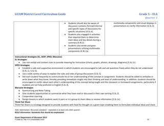 GUAM District Level Curriculum Guide Grade 5 – ELA
Quarter 1
Italic Information: Recursive standard – repeated in at least one other quarter
BOLD information: Standards that should be emphasized
Guam Department of Education 2013
• Students should also be aware of
discussion contexts (formal/informal
and specific types of discussions for
specific situations) (4.SL.6).
• Students also engaged in activities
that required them to determine
main ideas and key details during a
summary (4.RI.2).
• Students also wrote and gave
presentations utilizing multimedia
components (4.W.2a).
multimedia components and visual displays in
presentations to clarify information (6.SL.5).
Instructional Strategies (EL, SIOP, SPED, Marzano)
EL Strategies
• Use non-verbal and context clues to provide meaning for instruction (charts, graphs, photos, drawings, diagrams) (5.SL.1c).
SPED Strategies
• Establish a safe and supportive environment in which students are encouraged to talk and ask questions freely when they do not understand
(5.SL.1c, 5.SL.5).
• Use a wide variety of ways to explain the rules and roles of group discussions (5.SL.5).
• Ask each student frequently to communicate his or her understanding of the concept or assignment. Students should be asked to verbalize or
write down what they know, thereby providing immediate insight into their thinking and level of understanding. In addition, students should be
encouraged to confer about each other’s understanding of the concept being taught and the classwork or homework assignments, particularly if
students are not fully proficient in English (5.SL.3).
Marzano Strategies
• Summarizing and Note-Taking
• Give students opportunities to summarize what they have read or discussed in their own writing (5.SL.2).
• Cooperative Learning
• Design lessons in which students work in pairs or in a group to share ideas or review information (5.SL.1c).
Think Pair Share
Think Pair Share is a strategy designed to provide students with food for thought on a given topic enabling them to formulate individual ideas and share
Funded by Title V-A Consolidated Grant 53
 