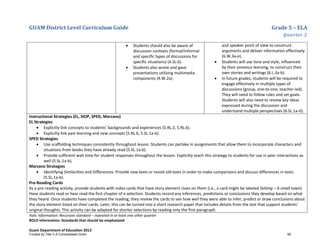 GUAM District Level Curriculum Guide Grade 5 – ELA
Quarter 2
Italic Information: Recursive standard – repeated in at least one other quarter
BOLD information: Standards that should be emphasized
Guam Department of Education 2013
• Students should also be aware of
discussion contexts (formal/informal
and specific types of discussions for
specific situations) (4.SL.6).
• Students also wrote and gave
presentations utilizing multimedia
components (4.W.2a).
and speaker point of view to construct
arguments and deliver information effectively
(6.W.3a-e).
• Students will use tone and style, influenced
by their previous learning, to construct their
own stories and writings (6.L.3a-b).
• In future grades, students will be required to
engage effectively in multiple types of
discussions (group, one-to-one, teacher-led).
They will need to follow rules and set goals.
Students will also need to review key ideas
expressed during the discussion and
understand multiple perspectives (6.SL.1a-d).
Instructional Strategies (EL, SIOP, SPED, Marzano)
EL Strategies
• Explicitly link concepts to students’ backgrounds and experiences (5.RL.2, 5.RL.6).
• Explicitly link past learning and new concepts (5.RL.6, 5.SL.1a-b).
SPED Strategies
• Use scaffolding techniques consistently throughout lesson. Students can partake in assignments that allow them to incorporate characters and
situations from books they have already read (5.SL.1a-b).
• Provide sufficient wait time for student responses throughout the lesson. Explicitly teach this strategy to students for use in peer interactions as
well (5.SL.1a-b).
Marzano Strategies
• Identifying Similarities and Differences: Provide new texts or revisit old texts in order to make comparisons and discuss differences in texts
(5.SL.1a-b).
Pre-Reading Cards
As a pre-reading activity, provide students with index cards that have story element clues on them (i.e., a card might be labeled Setting – A small town).
Have students read or hear read the first chapter of a selection. Students record any inferences, predictions or conclusions they develop based on what
they heard. Once students have completed the reading, they review the cards to see how well they were able to infer, predict or draw conclusions about
the story element listed on their cards. Later, this can be turned into a short research paper that includes details from the text that support students’
original thoughts. This activity can be adapted for shorter selections by reading only the first paragraph.
Funded by Title V-A Consolidated Grant 59
 