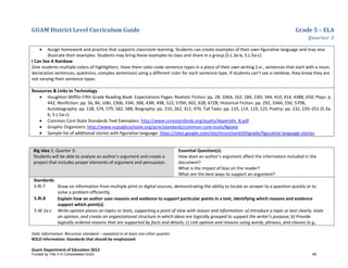 GUAM District Level Curriculum Guide Grade 5 – ELA
Quarter 3
Italic Information: Recursive standard – repeated in at least one other quarter
BOLD information: Standards that should be emphasized
Guam Department of Education 2013
• Assign homework and practice that supports classroom learning. Students can create examples of their own figurative language and may also
illustrate their examples. Students may bring these examples to class and share in a group (5.L.3a-b, 5.L.5a-c).
I Can See A Rainbow
Give students multiple colors of highlighters. Have them color-code sentence types in a piece of their own writing (i.e., sentences that start with a noun,
declarative sentences, questions, complex sentences) using a different color for each sentence type. If students can’t see a rainbow, they know they are
not varying their sentence types.
Resources & Links to Technology
• Houghton Mifflin Fifth Grade Reading Book: Expectations Pages: Realistic Fiction: pp. 28, 106A, 162, 184, 230i, 344, 410, 414, 438B, 650; Plays: p.
442; Nonfiction: pp. 56, 84, 106I, 230b, 334I, 368, 438I, 498, 522, 570H, 602, 628, 672B; Historical Fiction: pp. 292, 334A, 550, 570B;
Autobiography: pp. 138, 574, 579, 582, 588; Biography: pp. 210, 262, 312, 470; Tall Tales: pp. 110, 114, 119, 125; Poetry: pp. 232, 235–251 (5.3a-
b, 5.L.5a-c)
• Common Core State Standards Text Exemplars: http://www.corestandards.org/assets/Appendix_B.pdf
• Graphic Organizers: http://www.ncpublicschools.org/acre/standards/common-core-tools/#goela
• Sample list of additional stories with figurative language: https://sites.google.com/site/mrsrichards5thgrade/figurative-language-stories
Big Idea 3, Quarter 3:
Students will be able to analyze an author’s argument and create a
project that includes proper elements of argument and persuasion.
Essential Question(s):
How does an author’s argument affect the information included in the
document?
What is the impact of bias on the reader?
What are the best ways to support an argument?
Standards:
5.RI.7 Draw on information from multiple print or digital sources, demonstrating the ability to locate an answer to a question quickly or to
solve a problem efficiently.
5.RI.8 Explain how an author uses reasons and evidence to support particular points in a text, identifying which reasons and evidence
support which point(s).
5.W.1a-c Write opinion pieces on topics or texts, supporting a point of view with reason and information: a) Introduce a topic or text clearly, state
an opinion, and create an organizational structure in which ideas are logically grouped to support the writer’s purpose; b) Provide
logically ordered reasons that are supported by facts and details; c) Link opinion and reasons using words, phrases, and clauses (e.g.,
Funded by Title V-A Consolidated Grant 68
 