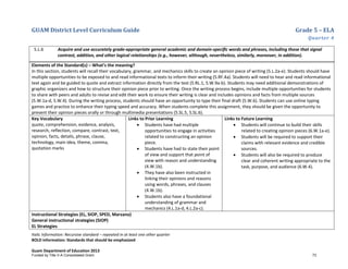 GUAM District Level Curriculum Guide Grade 5 – ELA
Quarter 4
Italic Information: Recursive standard – repeated in at least one other quarter
BOLD information: Standards that should be emphasized
Guam Department of Education 2013
5.L.6 Acquire and use accurately grade-appropriate general academic and domain-speciﬁc words and phrases, including those that signal
contrast, addition, and other logical relationships (e.g., however, although, nevertheless, similarly, moreover, in addition).
Elements of the Standard(s) – What’s the meaning?
In this section, students will recall their vocabulary, grammar, and mechanics skills to create an opinion piece of writing (5.L.2a-e). Students should have
multiple opportunities to be exposed to and read informational texts to inform their writing (5.RF.4a). Students will need to hear and read informational
text again and be guided to quote and extract information directly from the text (5.RL.1, 5.W.9a-b). Students may need additional demonstrations of
graphic organizers and how to structure their opinion piece prior to writing. Once the writing process begins, include multiple opportunities for students
to share with peers and adults to revise and edit their work to ensure their writing is clear and includes opinions and facts from multiple sources
(5.W.1a-d, 5.W.4). During the writing process, students should have an opportunity to type their final draft (5.W.6). Students can use online typing
games and practice to enhance their typing speed and accuracy. When students complete this assignment, they should be given the opportunity to
present their opinion pieces orally or through multimedia presentations (5.SL.5, 5.SL.6).
Key Vocabulary
quote, comprehension, evidence, analysis,
research, reflection, compare, contrast, text,
opinion, facts, details, phrase, clause,
technology, main idea, theme, comma,
quotation marks
Links to Prior Learning
• Students have had multiple
opportunities to engage in activities
related to constructing an opinion
piece.
• Students have had to state their point
of view and support that point of
view with reason and understanding
(4.W.1b).
• They have also been instructed in
linking their opinions and reasons
using words, phrases, and clauses
(4.W.1b).
• Students also have a foundational
understanding of grammar and
mechanics (4.L.1a-d, 4.L.2a-c).
Links to Future Learning
• Students will continue to build their skills
related to creating opinion pieces (6.W.1a-e).
• Students will be required to support their
claims with relevant evidence and credible
sources.
• Students will also be required to produce
clear and coherent writing appropriate to the
task, purpose, and audience (6.W.4).
Instructional Strategies (EL, SIOP, SPED, Marzano)
General instructional strategies (SIOP)
EL Strategies
Funded by Title V-A Consolidated Grant 73
 