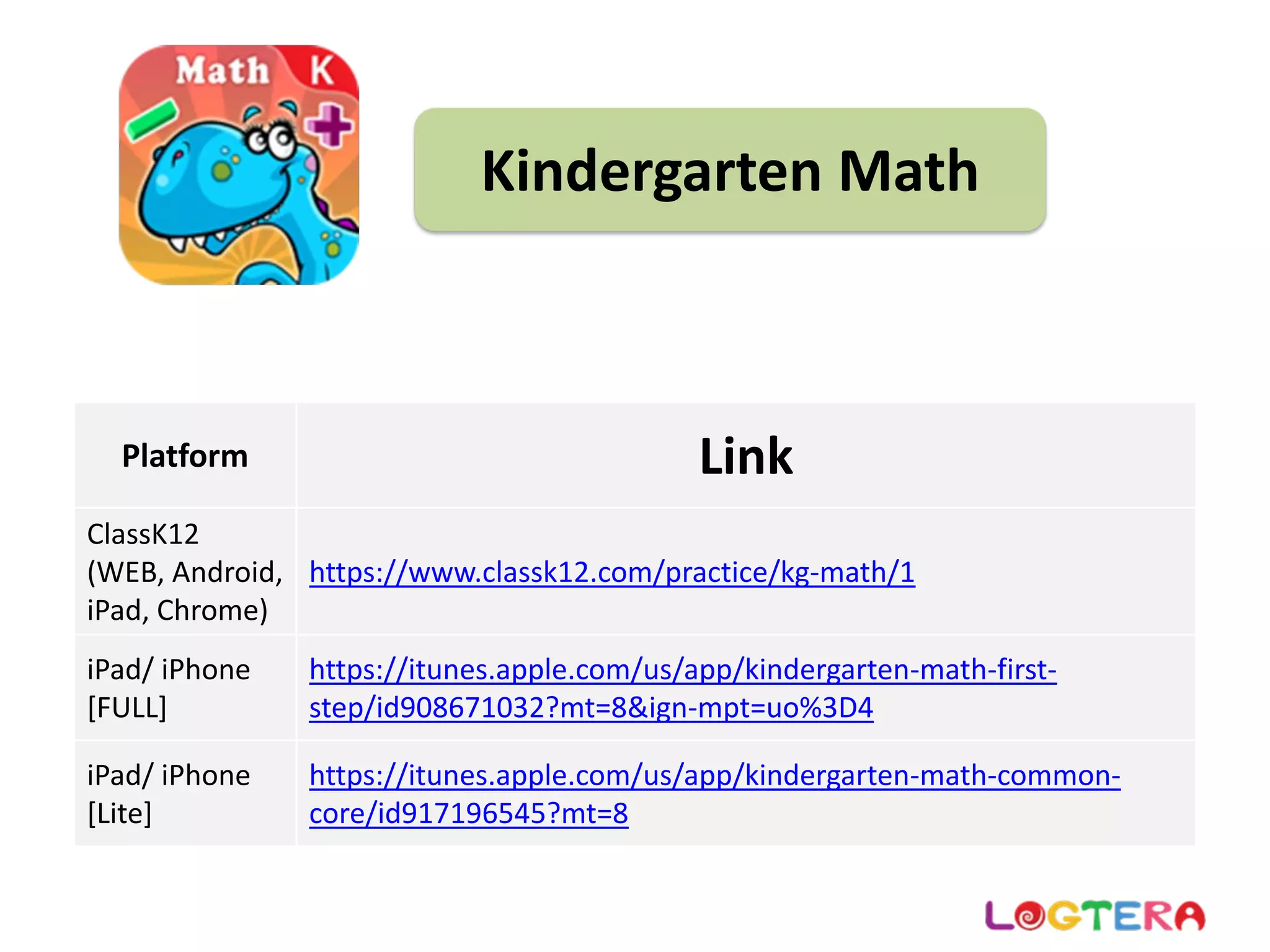 Kindergarten Math
Platform Link
ClassK12 
(WEB, Android, 
iPad, Chrome)
https://www.classk12.com/practice/kg‐math/1
iPad/ iPhone 
[FULL]
https://itunes.apple.com/us/app/kindergarten‐math‐first‐
step/id908671032?mt=8&ign‐mpt=uo%3D4
iPad/ iPhone 
[Lite]
https://itunes.apple.com/us/app/kindergarten‐math‐common‐
core/id917196545?mt=8
 