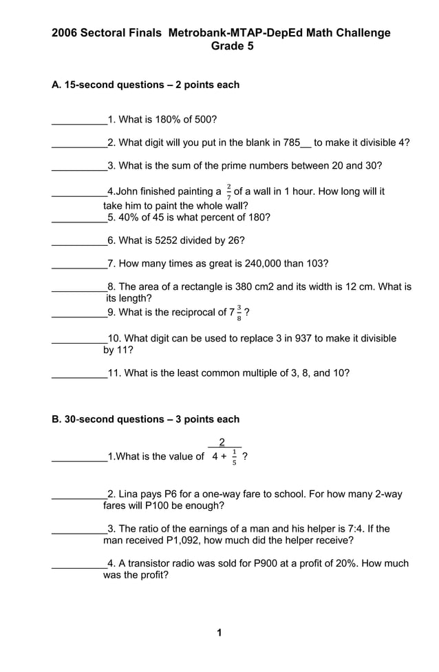 Grade 5 mtap reviewer | PDF