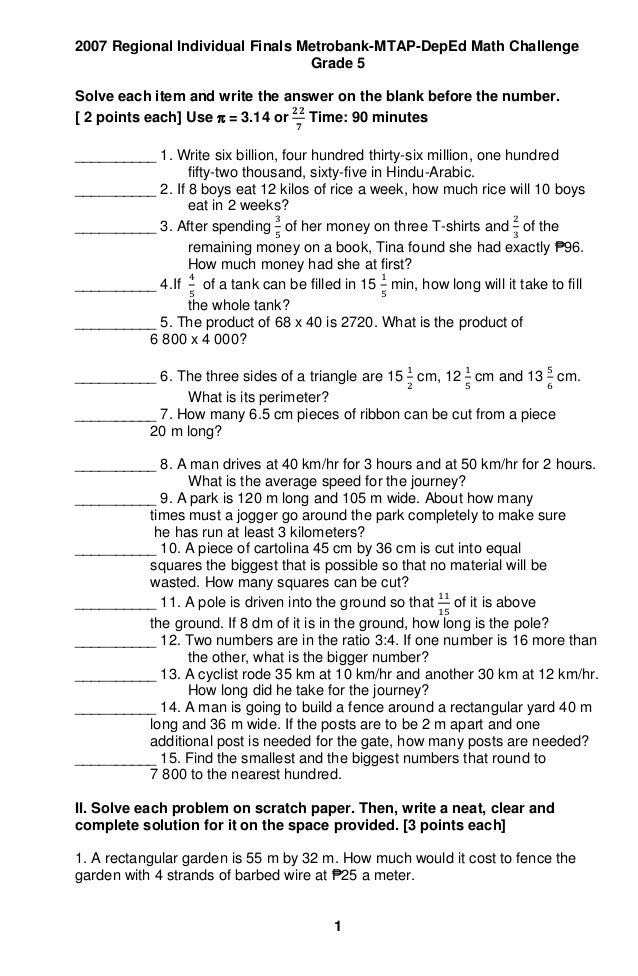 Mtap Reviewer For Grade 5 Question And Answer - grade 6 mtap