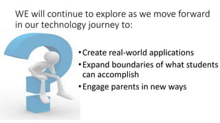 WE will continue to explore as we move forward
in our technology journey to:
•Create real-world applications
•Expand boundaries of what students
can accomplish
•Engage parents in new ways
 