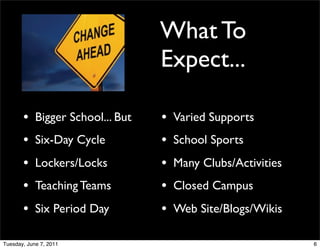 What To
                                   Expect...

       •    Bigger School... But   •   Varied Supports
       •    Six-Day Cycle          •   School Sports
       •    Lockers/Locks          •   Many Clubs/Activities
       •    Teaching Teams         •   Closed Campus
       •    Six Period Day         •   Web Site/Blogs/Wikis

Tuesday, June 7, 2011                                          6
 