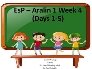 EsP – Aralin 1 Week 4
(Days 1-5)
Rosabel D. Geraga
V-Ruby
Sta. Cruz Elementary School
Sta Cruz Cavite City
 