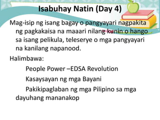 Isabuhay Natin (Day 4)
Mag-isip ng isang bagay o pangyayari nagpakita
ng pagkakaisa na maaari nilang kunin o hango
sa isang pelikula, teleserye o mga pangyayari
na kanilang napanood.
Halimbawa:
People Power –EDSA Revolution
Kasaysayan ng mga Bayani
Pakikipaglaban ng mga Pilipino sa mga
dayuhang mananakop
 