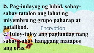 b. Pag-indayog ng lubid, sabay-
sabay tatalon ang lahat ng
miyembro ng grupo paharap at
patalikod.
c. Tuloy-tuloy ang paglundag nang
sabay-sabay hanggang matapos
ang oras.
 